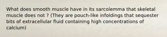 What does smooth muscle have in its sarcolemma that skeletal muscle does not ? (They are pouch-like infoldings that sequester bits of extracellular fluid containing high concentrations of calcium)