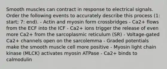 Smooth muscles can contract in response to electrical signals. Order the following events to accurately describe this process (1: start; 7: end). - Actin and myosin form crossbridges - Ca2+ flows from the ECF into the ICF - Ca2+ ions trigger the release of even more Ca2+ from the sarcoplasmic reticulum (SR) - Voltage-gated Ca2+ channels open on the sarcolemma - Graded potentials make the smooth muscle cell more positive - Myosin light chain kinase (MLCK) activates myosin ATPase - Ca2+ binds to calmodulin