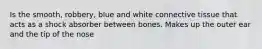 Is the smooth, robbery, blue and white connective tissue that acts as a shock absorber between bones. Makes up the outer ear and the tip of the nose