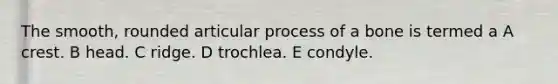 The smooth, rounded articular process of a bone is termed a A crest. B head. C ridge. D trochlea. E condyle.