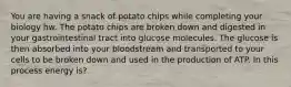 You are having a snack of potato chips while completing your biology hw. The potato chips are broken down and digested in your gastrointestinal tract into glucose molecules. The glucose is then absorbed into your bloodstream and transported to your cells to be broken down and used in the production of ATP. In this process energy is?