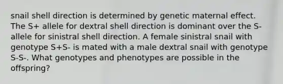 snail shell direction is determined by genetic maternal effect. The S+ allele for dextral shell direction is dominant over the S- allele for sinistral shell direction. A female sinistral snail with genotype S+S- is mated with a male dextral snail with genotype S-S-. What genotypes and phenotypes are possible in the offspring?