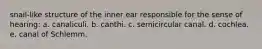 snail-like structure of the inner ear responsible for the sense of hearing: a. canaliculi. b. canthi. c. semicircular canal. d. cochlea. e. canal of Schlemm.