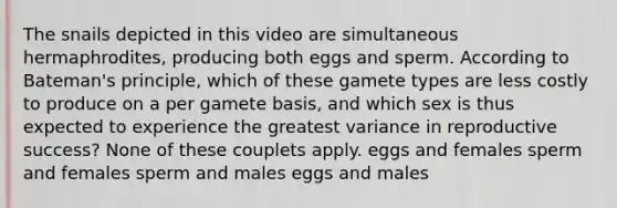 The snails depicted in this video are simultaneous hermaphrodites, producing both eggs and sperm. According to Bateman's principle, which of these gamete types are less costly to produce on a per gamete basis, and which sex is thus expected to experience the greatest variance in reproductive success? None of these couplets apply. eggs and females sperm and females sperm and males eggs and males