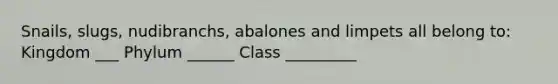 Snails, slugs, nudibranchs, abalones and limpets all belong to: Kingdom ___ Phylum ______ Class _________