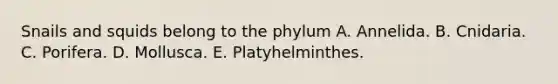 Snails and squids belong to the phylum A. Annelida. B. Cnidaria. C. Porifera. D. Mollusca. E. Platyhelminthes.