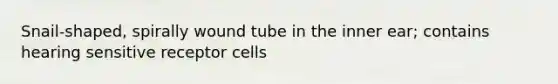 Snail-shaped, spirally wound tube in the inner ear; contains hearing sensitive receptor cells