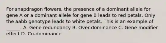 For snapdragon flowers, the presence of a dominant allele for gene A or a dominant allele for gene B leads to red petals. Only the aabb genotype leads to white petals. This is an example of ______. A. Gene redundancy B. Over-dominance C. Gene modifier effect D. Co-dominance