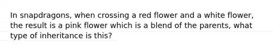 In snapdragons, when crossing a red flower and a white flower, the result is a pink flower which is a blend of the parents, what type of inheritance is this?