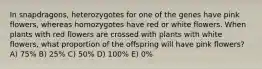 In snapdragons, heterozygotes for one of the genes have pink flowers, whereas homozygotes have red or white flowers. When plants with red flowers are crossed with plants with white flowers, what proportion of the offspring will have pink flowers? A) 75% B) 25% C) 50% D) 100% E) 0%