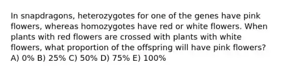 In snapdragons, heterozygotes for one of the genes have pink flowers, whereas homozygotes have red or white flowers. When plants with red flowers are crossed with plants with white flowers, what proportion of the offspring will have pink flowers? A) 0% B) 25% C) 50% D) 75% E) 100%