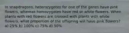 In snapdragons, heterozygotes for one of the genes have pink flowers, whereas homozygotes have red or white flowers. When plants with red flowers are crossed with plants with white flowers, what proportion of the offspring will have pink flowers? a) 25% b) 100% c) 75% d) 50%