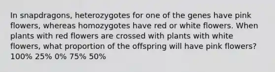 In snapdragons, heterozygotes for one of the genes have pink flowers, whereas homozygotes have red or white flowers. When plants with red flowers are crossed with plants with white flowers, what proportion of the offspring will have pink flowers? 100% 25% 0% 75% 50%