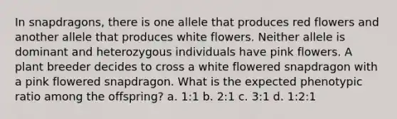 In snapdragons, there is one allele that produces red flowers and another allele that produces white flowers. Neither allele is dominant and heterozygous individuals have pink flowers. A plant breeder decides to cross a white flowered snapdragon with a pink flowered snapdragon. What is the expected phenotypic ratio among the offspring? a. 1:1 b. 2:1 c. 3:1 d. 1:2:1