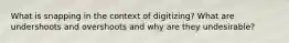 What is snapping in the context of digitizing? What are undershoots and overshoots and why are they undesirable?