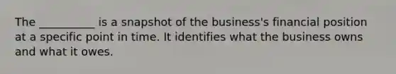 The __________ is a snapshot of the business's financial position at a specific point in time. It identifies what the business owns and what it owes.