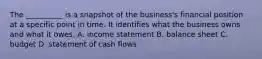 The __________ is a snapshot of the business's financial position at a specific point in time. It identifies what the business owns and what it owes. A. income statement B. balance sheet C. budget D. statement of cash flows