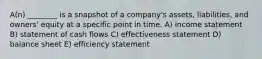 A(n) ________ is a snapshot of a company's assets, liabilities, and owners' equity at a specific point in time. A) income statement B) statement of cash flows C) effectiveness statement D) balance sheet E) efficiency statement