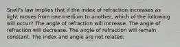 Snell's law implies that if the index of refraction increases as light moves from one medium to another, which of the following will occur? The angle of refraction will increase. The angle of refraction will decrease. The angle of refraction will remain constant. The index and angle are not related.