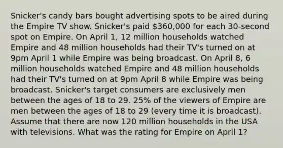 Snicker's candy bars bought advertising spots to be aired during the Empire TV show. Snicker's paid 360,000 for each 30-second spot on Empire. On April 1, 12 million households watched Empire and 48 million households had their TV's turned on at 9pm April 1 while Empire was being broadcast. On April 8, 6 million households watched Empire and 48 million households had their TV's turned on at 9pm April 8 while Empire was being broadcast. Snicker's target consumers are exclusively men between the ages of 18 to 29. 25% of the viewers of Empire are men between the ages of 18 to 29 (every time it is broadcast). Assume that there are now 120 million households in the USA with televisions. What was the rating for Empire on April 1?