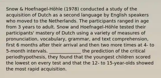 Snow & Hoefnagel-Höhle (1978) conducted a study of the acquisition of Dutch as a second language by English speakers who moved to the Netherlands. The participants ranged in age from 3 years to adult. Snow and Hoefnagel-Höhle tested their participants' mastery of Dutch using a variety of measures of pronunciation, vocabulary, grammar, and text comprehension, first 6 months after their arrival and then two more times at 4- to 5-month intervals. ______________ the prediction of the critical periodhypothesis, they found that the youngest children scored the lowest on every test and that the 12- to 15-year-olds showed the most rapid acquisition.