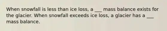 When snowfall is less than ice loss, a ___ mass balance exists for the glacier. When snowfall exceeds ice loss, a glacier has a ___ mass balance.