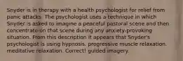 ​Snyder is in therapy with a health psychologist for relief from panic attacks. The psychologist uses a technique in which Snyder is asked to imagine a peaceful pastoral scene and then concentrate on that scene during any anxiety-provoking situation. From this description it appears that Snyder's psychologist is using ​hypnosis. ​progressive muscle relaxation. ​meditative relaxation. Correct! ​guided imagery.