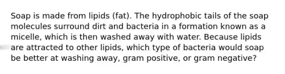 Soap is made from lipids (fat). The hydrophobic tails of the soap molecules surround dirt and bacteria in a formation known as a micelle, which is then washed away with water. Because lipids are attracted to other lipids, which type of bacteria would soap be better at washing away, gram positive, or gram negative?