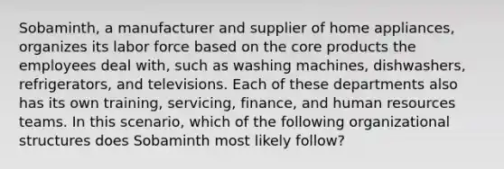 Sobaminth, a manufacturer and supplier of home appliances, organizes its labor force based on the core products the employees deal with, such as washing machines, dishwashers, refrigerators, and televisions. Each of these departments also has its own training, servicing, finance, and human resources teams. In this scenario, which of the following organizational structures does Sobaminth most likely follow?