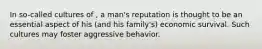 In so-called cultures of , a man's reputation is thought to be an essential aspect of his (and his family's) economic survival. Such cultures may foster aggressive behavior.