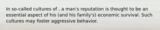 In so-called cultures of , a man's reputation is thought to be an essential aspect of his (and his family's) economic survival. Such cultures may foster aggressive behavior.