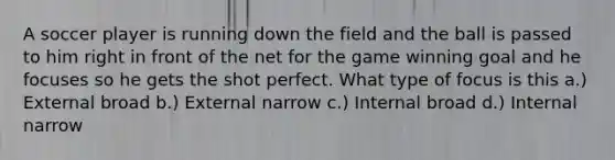 A soccer player is running down the field and the ball is passed to him right in front of the net for the game winning goal and he focuses so he gets the shot perfect. What type of focus is this a.) External broad b.) External narrow c.) Internal broad d.) Internal narrow