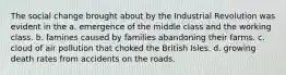 The social change brought about by the Industrial Revolution was evident in the a. emergence of the middle class and the working class. b. famines caused by families abandoning their farms. c. cloud of air pollution that choked the British Isles. d. growing death rates from accidents on the roads.