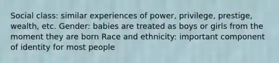 Social class: similar experiences of power, privilege, prestige, wealth, etc. Gender: babies are treated as boys or girls from the moment they are born Race and ethnicity: important component of identity for most people