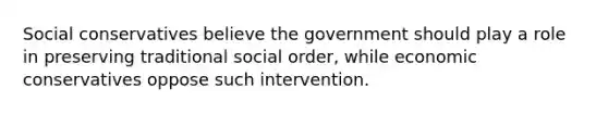 Social conservatives believe the government should play a role in preserving traditional social order, while economic conservatives oppose such intervention.