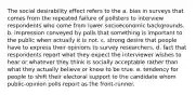 The social desirability effect refers to the a. bias in surveys that comes from the repeated failure of pollsters to interview respondents who come from lower socioeconomic backgrounds. b. impression conveyed by polls that something is important to the public when actually it is not. c. strong desire that people have to express their opinions to survey researchers. d. fact that respondents report what they expect the interviewer wishes to hear or whatever they think is socially acceptable rather than what they actually believe or know to be true. e. tendency for people to shift their electoral support to the candidate whom public-opinion polls report as the front-runner.