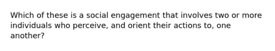 Which of these is a social engagement that involves two or more individuals who perceive, and orient their actions to, one another?