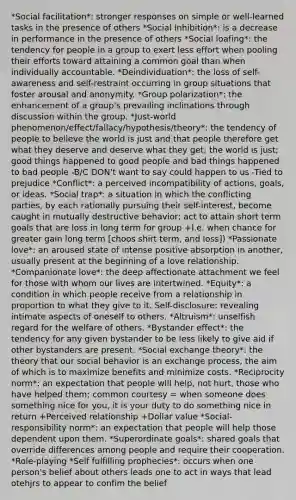 *Social facilitation*: stronger responses on simple or well-learned tasks in the presence of others *Social Inhibition*: is a decrease in performance in the presence of others *Social loafing*: the tendency for people in a group to exert less effort when pooling their efforts toward attaining a common goal than when individually accountable. *Deindividuation*: the loss of self-awareness and self-restraint occurring in group situations that foster arousal and anonymity. *Group polarization*: the enhancement of a group's prevailing inclinations through discussion within the group. *Just-world phenomenon/effect/fallacy/hypothesis/theory*: the tendency of people to believe the world is just and that people therefore get what they deserve and deserve what they get; the world is just; good things happened to good people and bad things happened to bad people -B/C DON't want to say could happen to us -Tied to prejudice *Conflict*: a perceived incompatibility of actions, goals, or ideas. *Social trap*: a situation in which the conflicting parties, by each rationally pursuing their self-interest, become caught in mutually destructive behavior; act to attain short term goals that are loss in long term for group +I.e. when chance for greater gain long term [choos shirt term, and loss]) *Passionate love*: an aroused state of intense positive absorption in another, usually present at the beginning of a love relationship. *Companionate love*: the deep affectionate attachment we feel for those with whom our lives are intertwined. *Equity*: a condition in which people receive from a relationship in proportion to what they give to it. Self-disclosure: revealing intimate aspects of oneself to others. *Altruism*: unselfish regard for the welfare of others. *Bystander effect*: the tendency for any given bystander to be less likely to give aid if other bystanders are present. *Social exchange theory*: the theory that our social behavior is an exchange process, the aim of which is to maximize benefits and minimize costs. *Reciprocity norm*: an expectation that people will help, not hurt, those who have helped them; common courtesy = when someone does something nice for you, it is your duty to do something nice in return +Perceived relationship +Dollar value *Social-responsibility norm*: an expectation that people will help those dependent upon them. *Superordinate goals*: shared goals that override differences among people and require their cooperation. *Role-playing *Self fulfilling prophecies*: occurs when one person's belief about others leads one to act in ways that lead otehjrs to appear to confim the belief