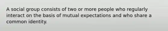 A social group consists of two or more people who regularly interact on the basis of mutual expectations and who share a common identity.