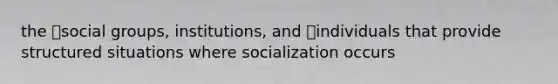 the social groups, institutions, and individuals that provide structured situations where socialization occurs