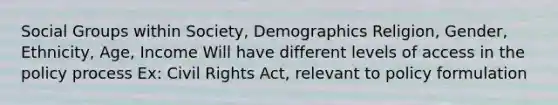 Social Groups within Society, Demographics Religion, Gender, Ethnicity, Age, Income Will have different levels of access in the policy process Ex: Civil Rights Act, relevant to policy formulation