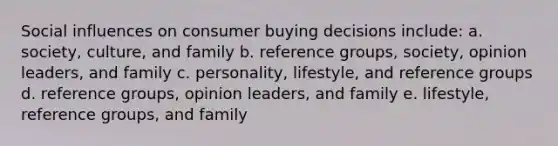 Social influences on consumer buying decisions include: a. society, culture, and family b. reference groups, society, opinion leaders, and family c. personality, lifestyle, and reference groups d. reference groups, opinion leaders, and family e. lifestyle, reference groups, and family