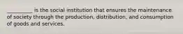 __________ is the social institution that ensures the maintenance of society through the production, distribution, and consumption of goods and services.