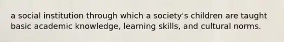 a social institution through which a society's children are taught basic academic knowledge, learning skills, and cultural norms.