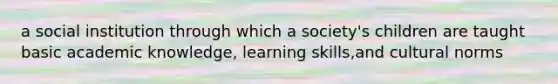 a social institution through which a society's children are taught basic academic knowledge, learning skills,and cultural norms