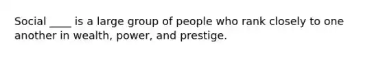 Social ____ is a large group of people who rank closely to one another in wealth, power, and prestige.