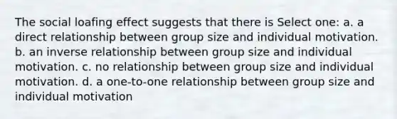 The social loafing effect suggests that there is Select one: a. a direct relationship between group size and individual motivation. b. an inverse relationship between group size and individual motivation. c. no relationship between group size and individual motivation. d. a one-to-one relationship between group size and individual motivation