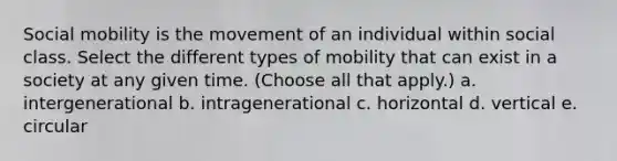 Social mobility is the movement of an individual within social class. Select the different types of mobility that can exist in a society at any given time. (Choose all that apply.) a. intergenerational b. intragenerational c. horizontal d. vertical e. circular