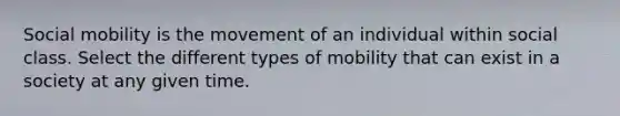 Social mobility is the movement of an individual within social class. Select the different types of mobility that can exist in a society at any given time.