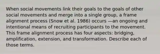 When social movements link their goals to the goals of other social movements and merge into a single group, a frame alignment process (Snow et al. 1986) occurs —an ongoing and intentional means of recruiting participants to the movement. This frame alignment process has four aspects: bridging, amplification, extension, and transformation. Describe each of those terms.